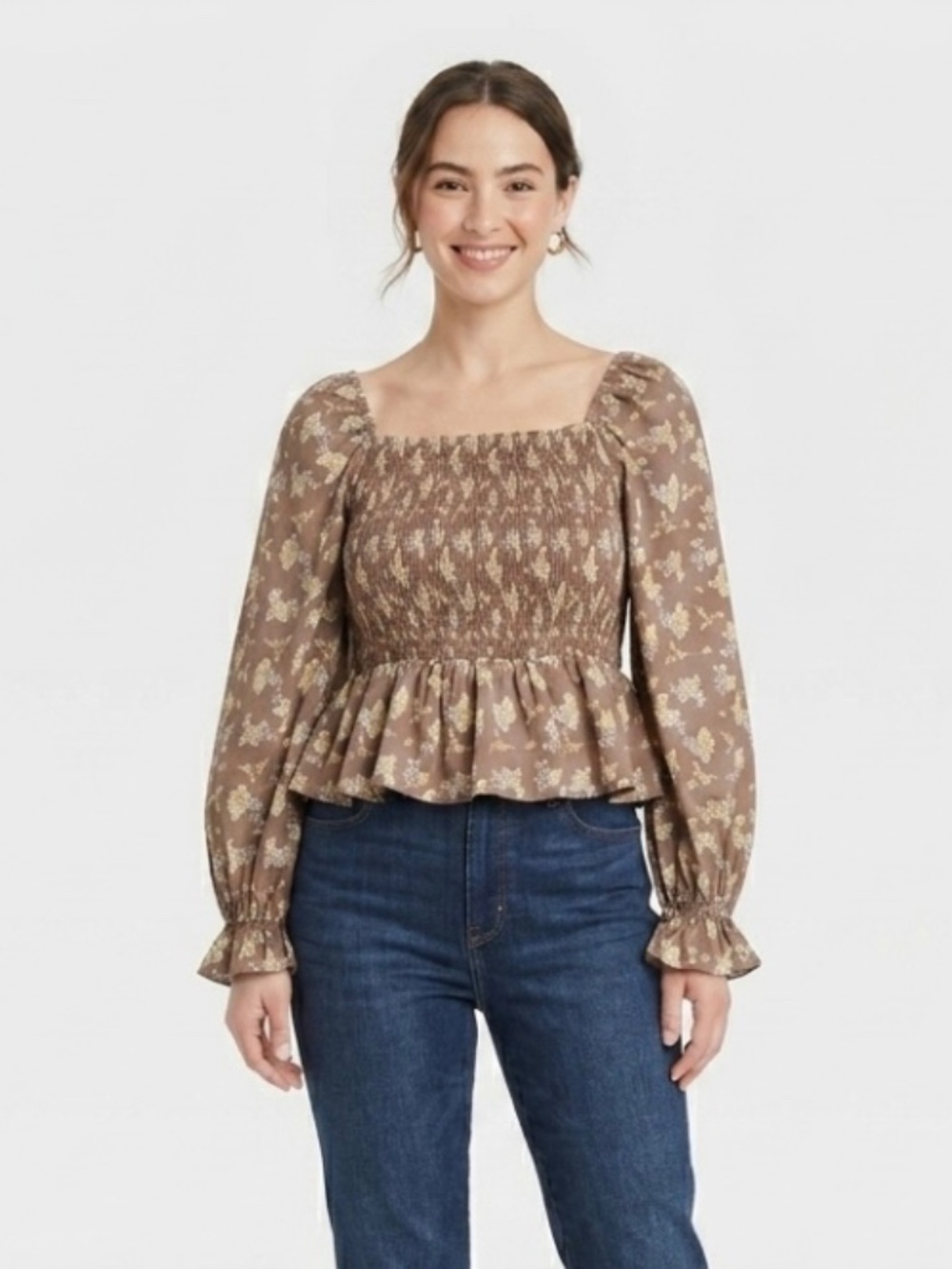 Dizzy Lizzy Cropped Top Floral Smocked Sz S Brown Cottagecore Boho Chic Prairie